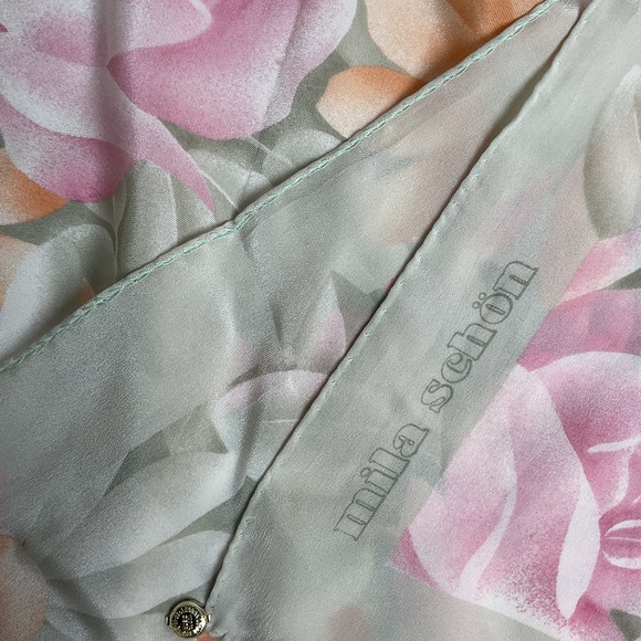 MILA SCHÔN Women's 100% Silk Scarf LUXURY Gray Pink Floral Logo EUC - Picture 6 of 7